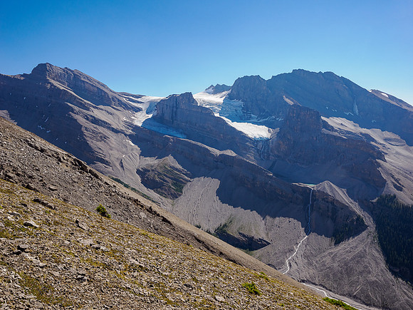 Glaciers and waterfalls on the north end of the Drummond Icefield.