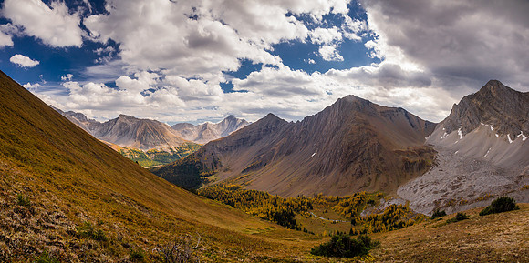 Looking down from the ascent slopes of Pocaterra Ridge. From right to left, Tyrwhitt, Grizzly Ridge, Highwood Ridge, Storm, Little Arethusa.