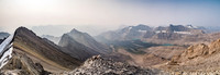Looking east and south (R) over our approach valley including the three lakes and the Drummond massif and Icefield right of center. Hidden in smoke in the distance are White, Gable, Prow and Douglas.
