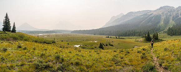 Re-entering the wide valley leading around the SE side of Mount Drummond and towards Douglas Lake at distant left.