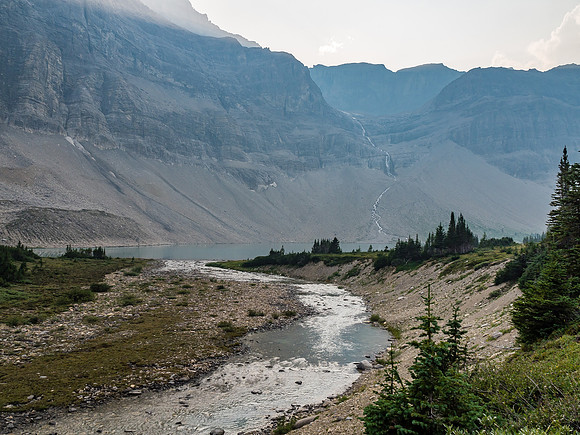 Evening light struggles to get through the smoke as we approach the third McConnell Lake.
