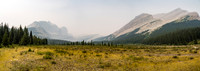 Shingle Flats. Now Pipestone / Cyclone are on the distant left and Mount Drummond rises at right. The Drummond Icefield not visible at distant center.