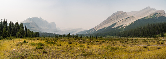 Shingle Flats. Now Pipestone / Cyclone are on the distant left and Mount Drummond rises at right. The Drummond Icefield not visible at distant center.