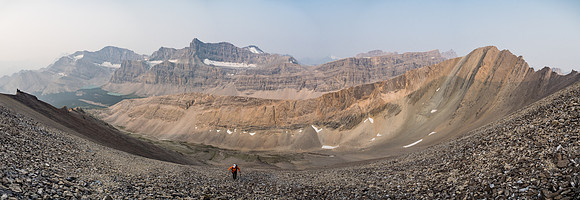 This is a good view of the scree slog on McConnell! Also, the views are opening up behind us including Mount Drummond's huge massif and even Mount Hector barely visible through the smoke at center ri