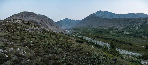 Looking up valley with our approach drainage at center and McConnell rising to the right in the distance.