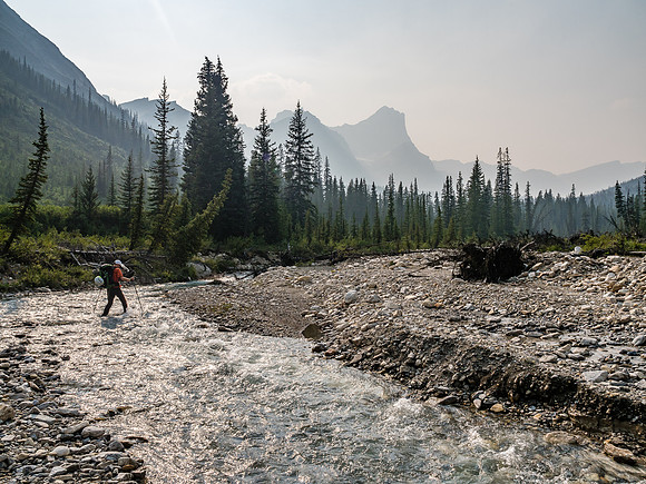 The distinctive peak in the far distance is an impressive outlier of Mount Drummond and is near the third lake and our eventual bivy site.