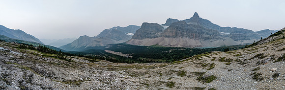 Looking back at our traverse from the third lake (right distance) in the early morning smokey atmosphere in the McConnell meadow.