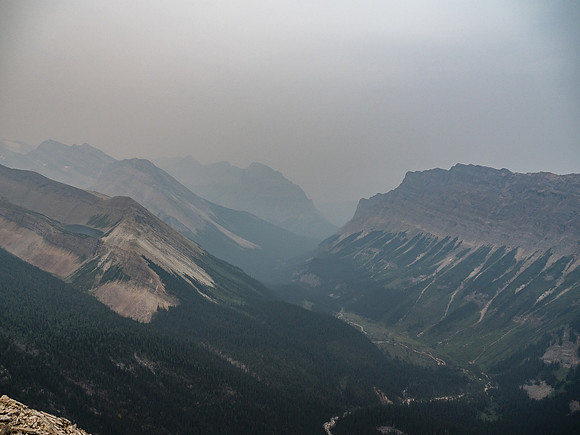 A "view" south down Baker Creek past Anthozoan Mountain (R) towards Bulwark Peak (C) and Mount Avens (L).