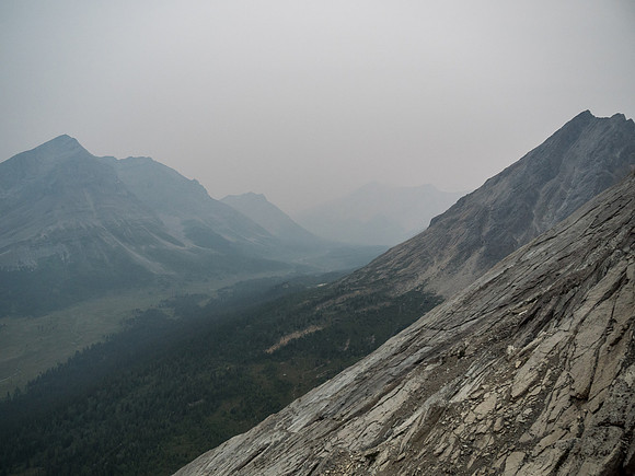 Looking towards Skoki Mountain at center distance with Fossil at left and an unnamed summit at right. No views today, unfortunately.