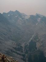 The Bonnet Icefield is located up this valley and beyond. I'm not sure there's any named summits visible here but Hickson Peak is somewhere on this line.