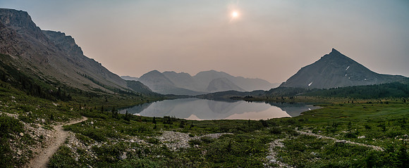 Looking back over Baker Lake as we ascend towards Ptarmigan Lake - the sun struggles to get through all the smoke.