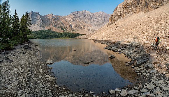 Finally at the lake, but now we have to rock hop to the far NE end to set up our bivy.
