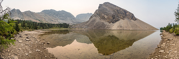 A gorgeous early morning hike back around the unnamed lake with our bivy just visible at center. Lychnis rising at center left and Tilted looking impressive at center right.