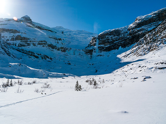 Skiing down Balfour Creek to Hector Lake.