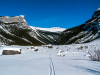 Skiing down Balfour Creek to Hector Lake.