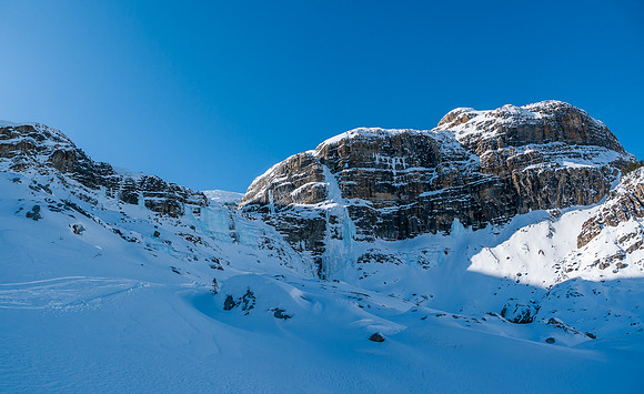 Looking back at the complex terrain under the east face of Balfour.