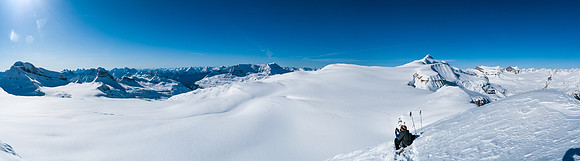 Views over the Waputik Icefield towards Daly, Niles, Wapta, The Presidents and Balfour (R).