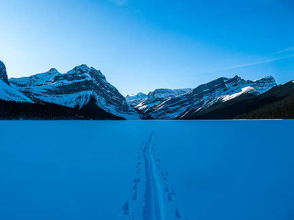 Skiing across Hector Lake - looking back.
