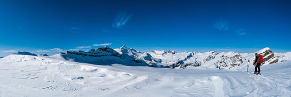 Yes! Time to ski down some untracked glacier snow. Lilliput and Balfour on the left, TJ on the right.
