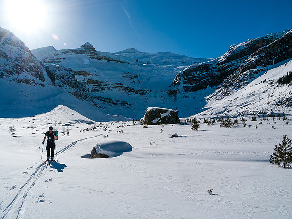 Skiing down Balfour Creek to Hector Lake.