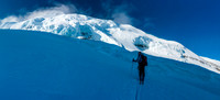 Ben skis up under the heavily crevassed east face of Mount Balfour. This is where we started crossing bridged crevasses.