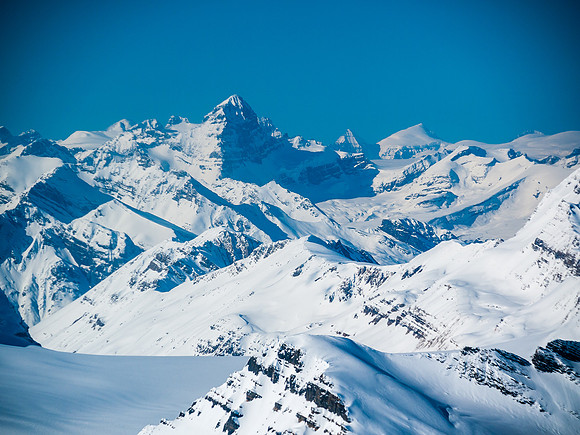 Mount Forbes is the highest peak in Banff National Park. South and North Twin in the distant background on the right, The Lyells to the left.