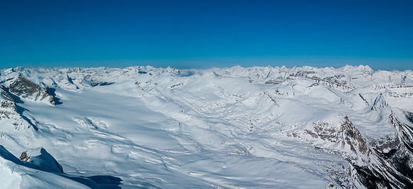 Looking over the tiny Balfour Hut (lower center) up the Vulture Glacier. Crowfoot at right.