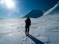 The upper col is much flatter - there are crevasses here and people have gotten lost in white out conditions and even died by wandering too far to the left.