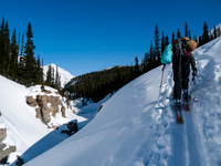 Skinning out of the Bow Canyon.