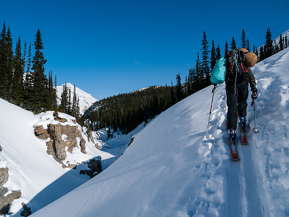 Skinning out of the Bow Canyon.