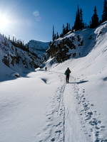Great skin track up the terrain trap that is the Bow Hut / Glacier approach route. Vulture Peak looms way off in the distance.