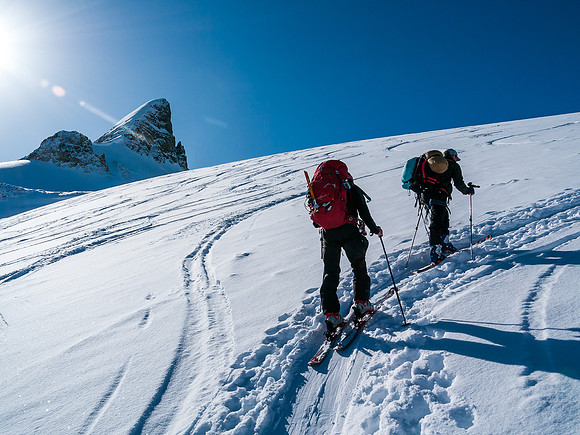 TJ and Ben follow a well-worn skin track up the headwall above the Bow Hut that gives access to the Wapta Icefield.
