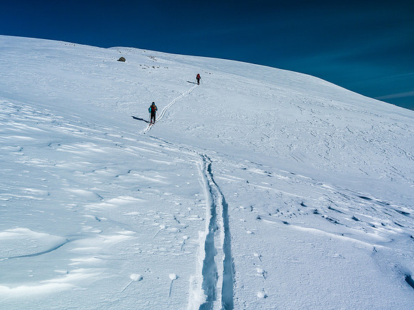 TJ breaks trail up Vulture - there was just enough coverage to ski it.