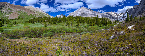 The Dormer Headwaters Pass at left and our escape route under Psychic NE1 at right.
