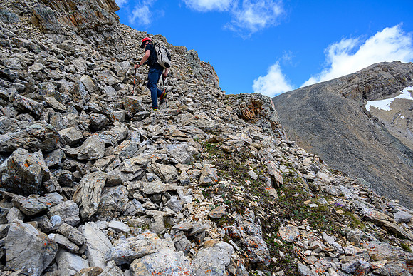 Ascending rubble slopes towards the summit.