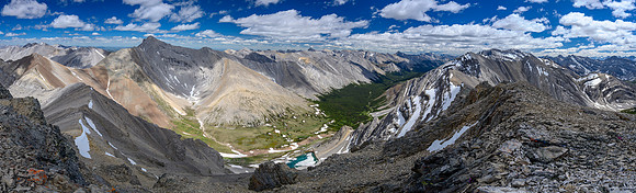 The Ghost River headwaters under Mount Oliver. Revenant Peak at right. Costigan and Saddle at center