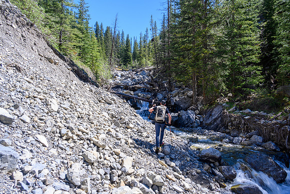 Hiking up a small creek towards Psychic Peak.