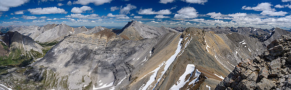 The Dormer River headwaters at left with Oliver, Psychic NE1, Davidson and distant Ghost peaks at R.