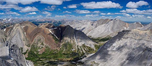The Dormer Headwaters Trail runs through our exit valley below. Centerblock Peak at left.