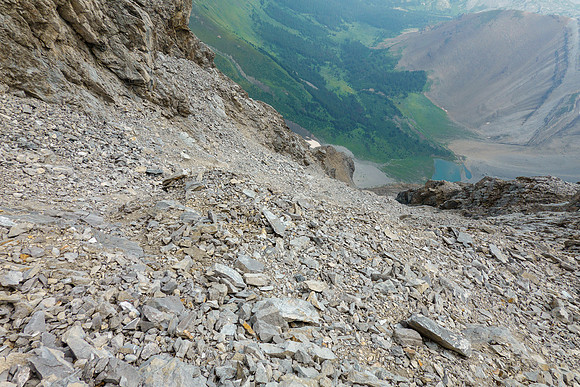 Exposed scree and slab slope dropping all the way to south Spectral Creek.