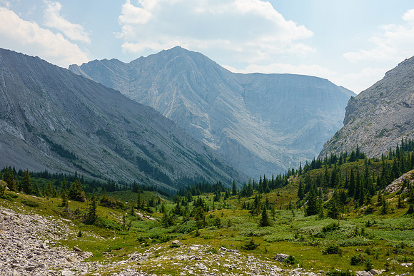 Exiting the upper alpine meadows to the access stream under Mount Astley.