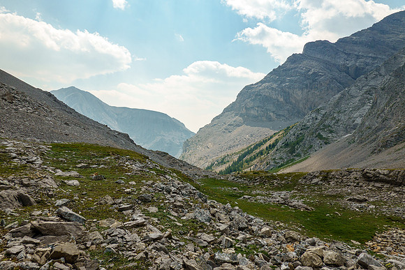 Exiting the upper alpine meadows to the access stream.