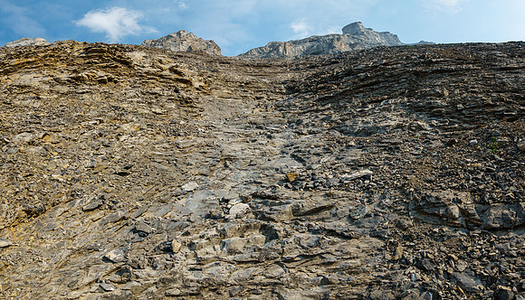 Stepped terrain on the south face.