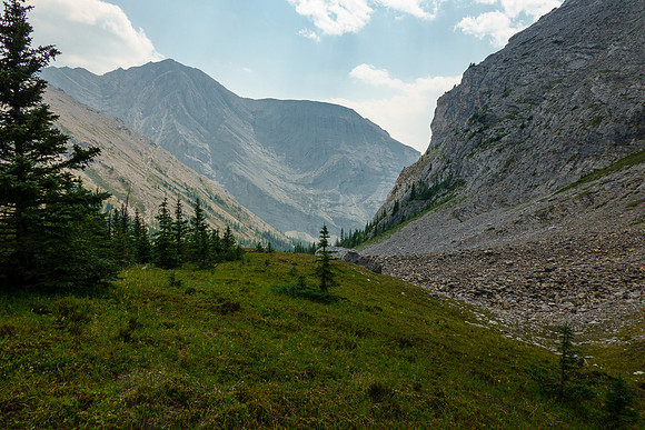 Exiting the upper alpine meadows to the access stream under Mount Astley.