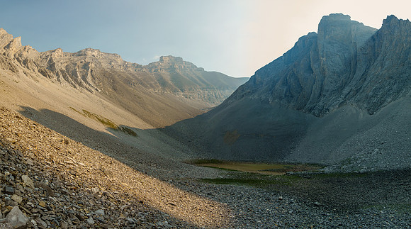 The lake is pretty much dried up and the peak looks complicated at distant center.