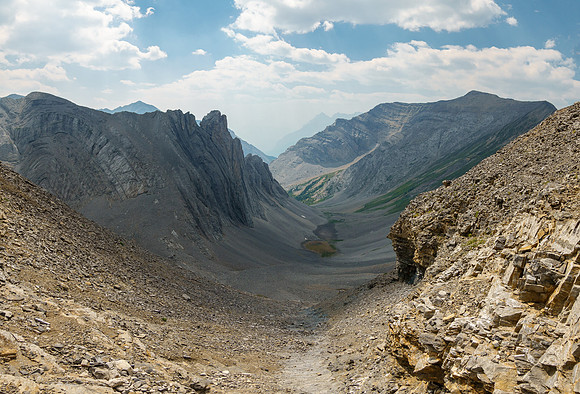 Descending the easy south face gully.
