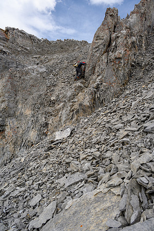 Descending the tricky (and loose) SE ridge.