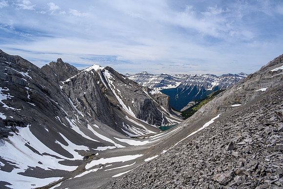 Views back to the lake and our approach valley.