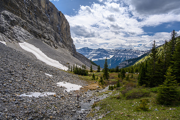 Hiking back into the approach creek.