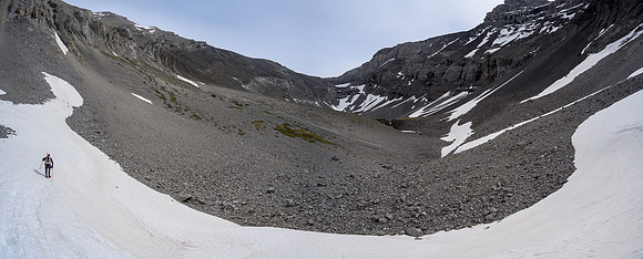 Hiking to the upper valley. Our scree approach at left.